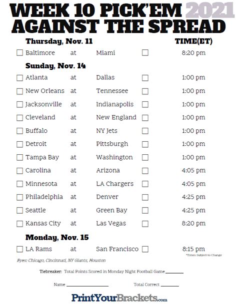 Nfl Week 10 Pickem Against The Spread Sheets Printable