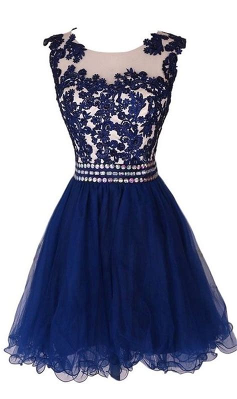 Buy Illusion Navy Blue Lace Beaded Tulle Short Prom