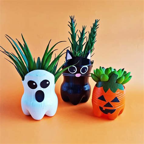 Two Halloween Planters With Plants In Them On An Orange Background One