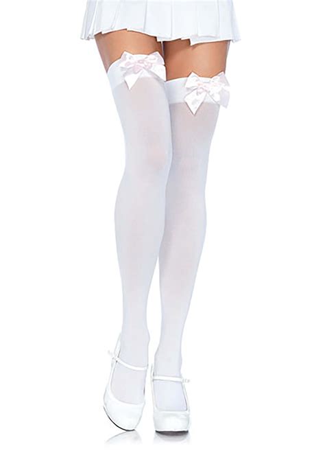 White Thigh High Womens Stockings With White Bow