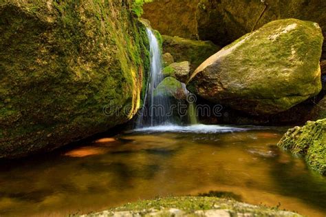 Small Waterfall In The Forest Water Flows Over Mossy Stones Long