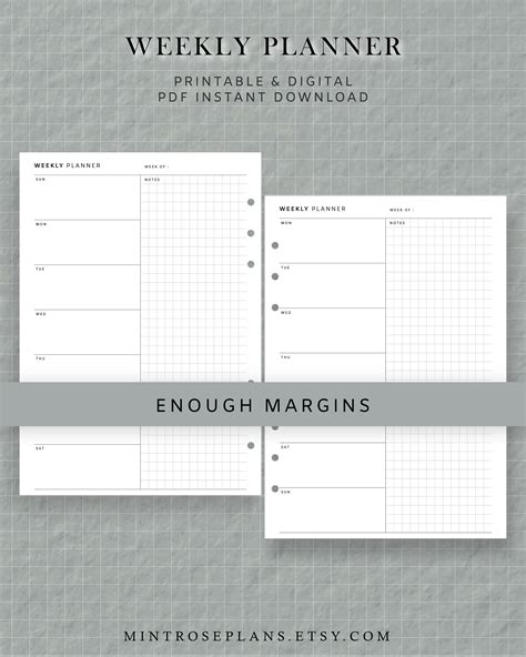 Minimalist Weekly Planner Printable PDF Week On 1 Page Simple Etsy