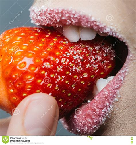 Female Sugar Lips Bite Red Strawberry Stock Photo Image Of Pretty