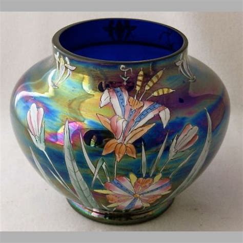 Bohemian Floral Enameled Iridized Blue Art Glass Vase 5 14 H From