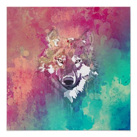Pink Turquoise Watercolor Artistic Abstract Wolf Poster Zazzle