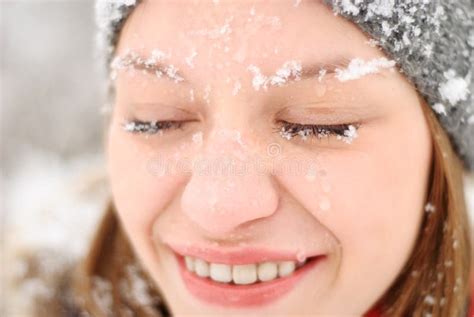 Girl S Face With Snow Outdoors Stock Image Image Of Eyes People