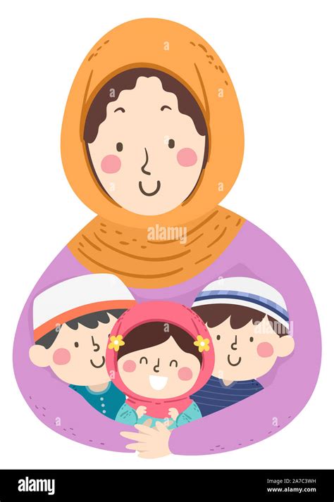 Illustration Of A Girl Mother Wearing Hijab Hugging Her Kids Wearing