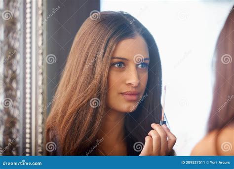 Lip Gloss, Makeup and Reflection of Woman in Mirror with Confidence