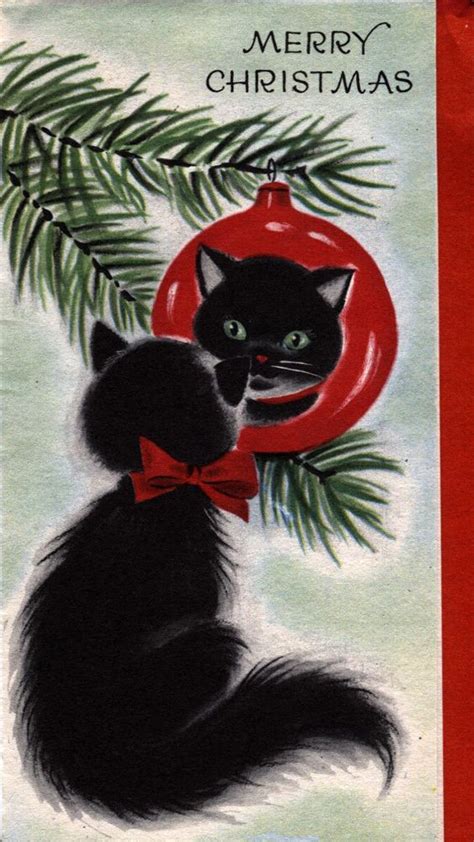 Vintage Christmas Card Black Cat Reflected In Christmas Ornament