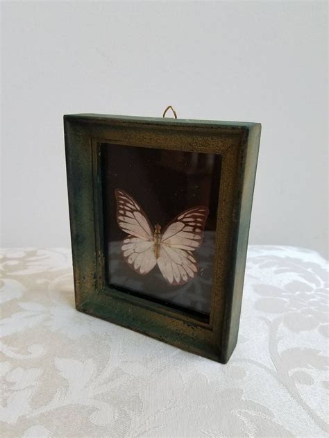 Vintage Framed Butterfly Wall Art In Gold Green Wood Frame Etsy