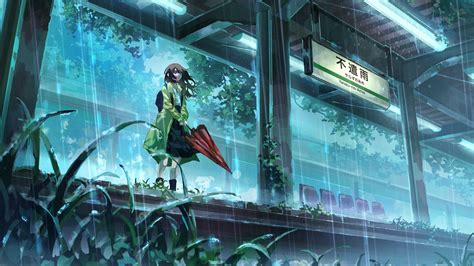 Download Wallpaper 3840x2160 Girl Umbrella Rain Station Anime 4k