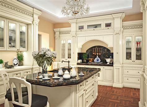 Classic Kitchen Design With Fancy Crystal Chandelier Above Kitche