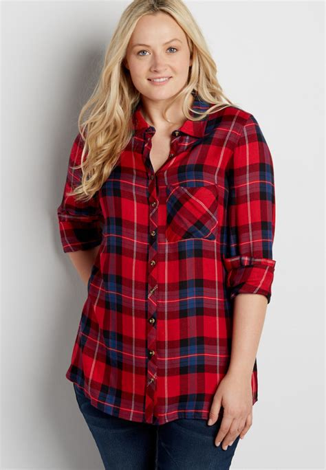 Failed to remember your client … maurices credit card accounts are given by comenity bank. plus size button down plaid tunic shirt in holly red | maurices