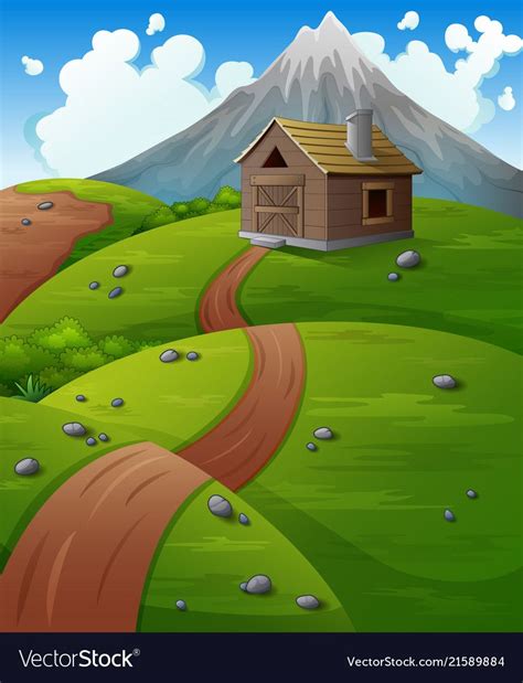 illustration of Mountain landscape with wooden cabin at the hills. Download a Free Preview or ...