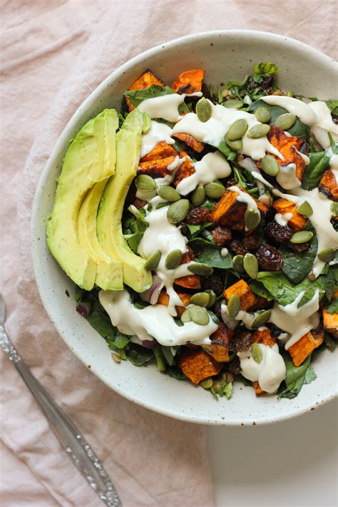 This delicious salad requires some prep work, but you can make a few batches at a time and enjoy it throughout the week. Sweet potato, lentil and raisin salad with tahini dressing