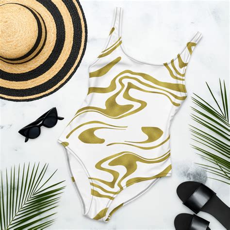 White Gold Foil Womens Swimsuit One Piece Swimwear Etsy