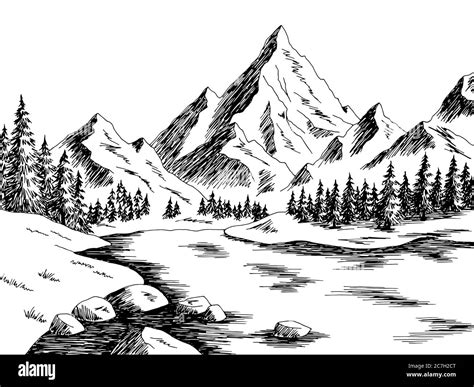 Gráfico De Lago De Montaña Blanco Negro Paisaje Dibujo Ilustración