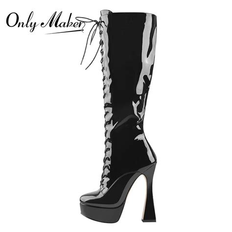 Onlymaker Winter Women Lace Up Knee High Boots Black Pu Patent Leather