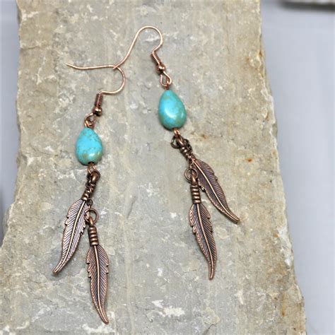 Turquoise Copper Feather Earrings Southwest Copper Turquoise Teardrop