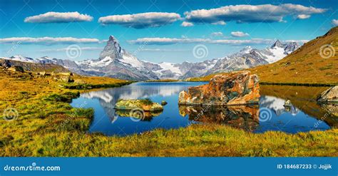 Colorful Summer Panorama Of The Stellisee Lake Great Outdoor Scene