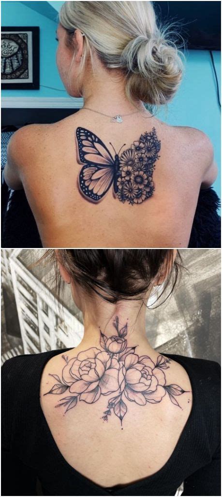 The Back Of A Woman S Neck With Flowers And A Butterfly Tattoo On It