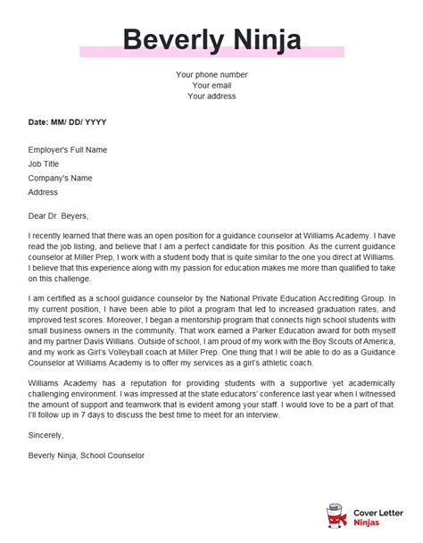 Cover Letter Example For School Counselors And Education
