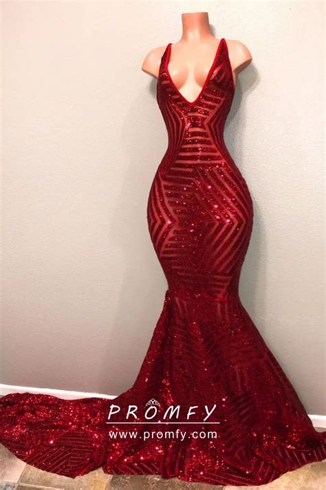 Bedazzled Striped Pattern Red Sequin V Neck Mermaid Long Prom Dress