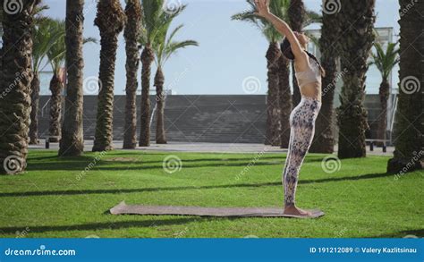 Woman Doing Palm Tree Pose In Park Girl Practicing Yoga Outdoors Stock