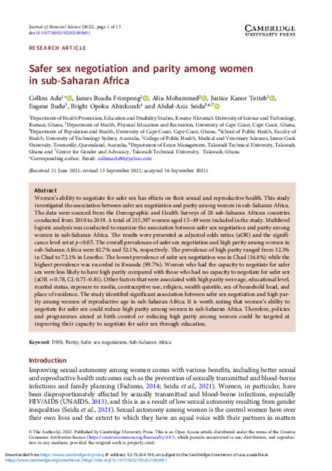 Pdf Safer Sex Negotiation And Parity Among Women In Sub Saharan Africa Justice Kanor Tetteh