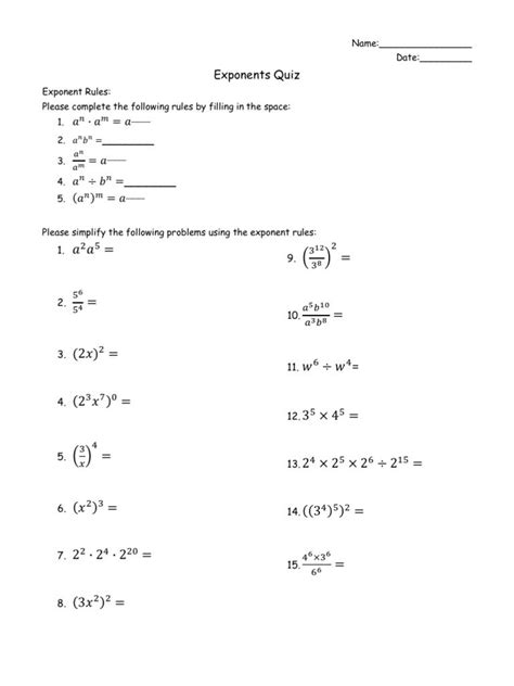 Exponents Worksheet Grade 9