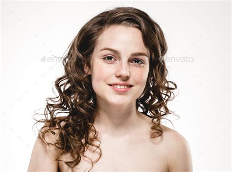 Beautiful Woman Curly Hair Portrait Freckles Face Closeup Nude Nature