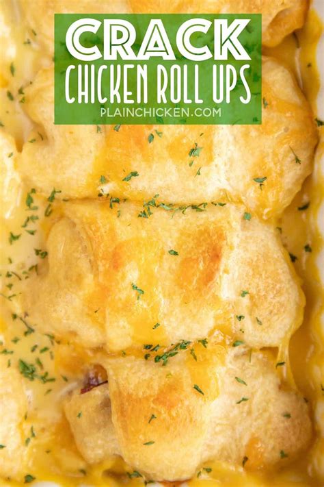 Frozen chicken fingers, cheddar cheese, bacon, and ranch wrapped in crescent rolls and topped with cream of chicken soup and milk. Crack Chicken Roll Ups - Plain Chicken