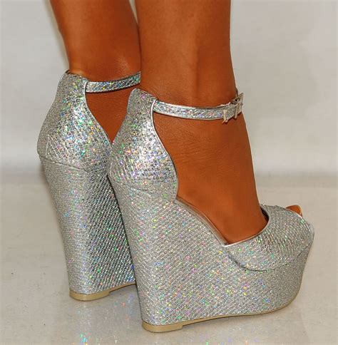 Silver Sparkly High Wedges Prom Heels Wedding Shoes Heels Prom Silver
