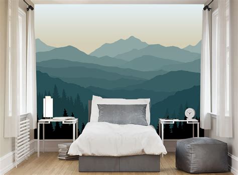 Mountain Mural Blue Ombré Mountain Wallpaper Forest Tree And Etsy Uk