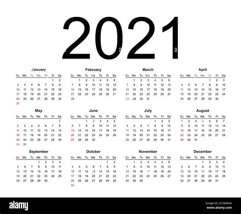 Calendario Año 2021 Estilo Sencillo La Semana Comienza En Domingo