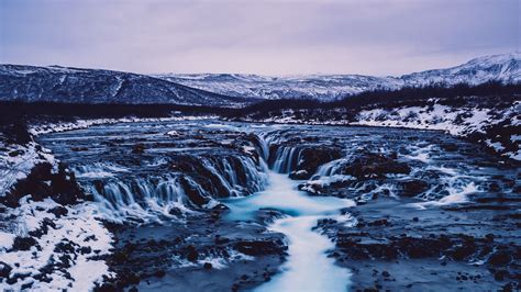 Download Wallpaper 2048x1152 Waterfall Iceland Current Snow