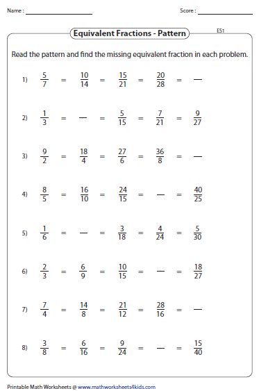 Students must write in the missing numerator or denominator to make the fractions in each problem equal. Equivalent Fraction Worksheets