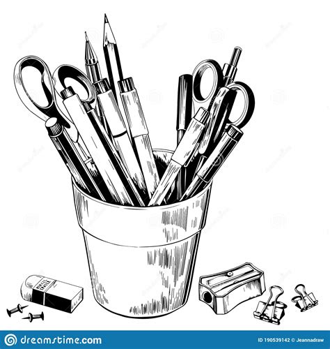 Pencils And Pens In A Holder Isolated On A White Background Stock