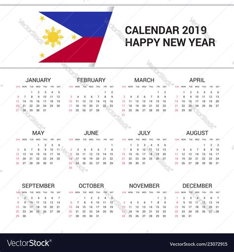 Calendar 2019 Philippines Flag Background English Vector Image