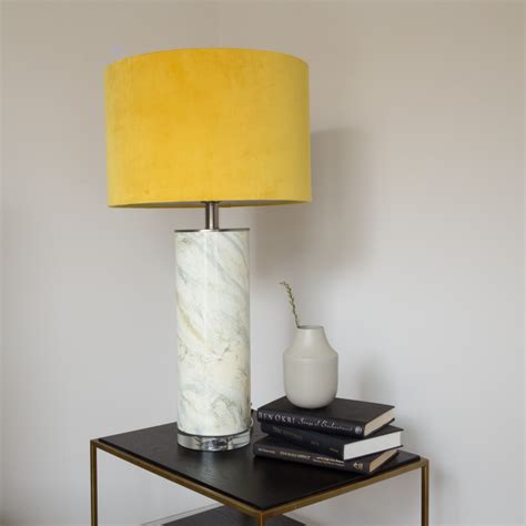 Marble Effect Table Lamp With Mustard Velvet Shade