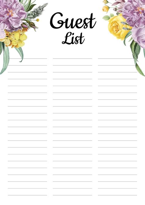 Printable Floral Guest List Pdf Download Guest List Template Wedding