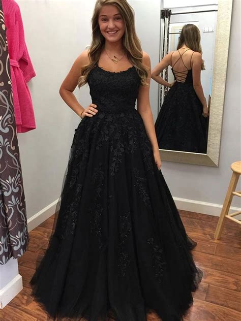Elegant Backless Black Lace Tulle Long Prom Dresses Backless Lace Bla