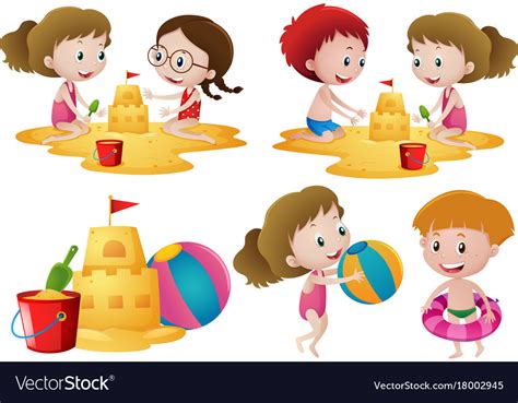 Children Playing Sand On The Beach Royalty Free Vector Image