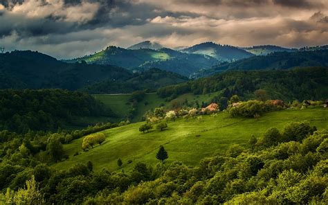 Nature Landscape Spring Forest House Field Mountains Clouds