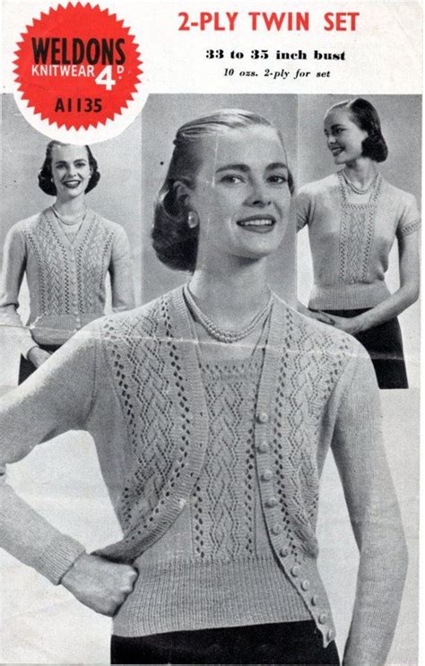 vintage 1940 s knitting pattern twin set jumper and cardigan in 2 ply weldons a1135 pdf download