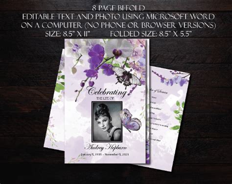 Purple Orchid Butterfly Watercolor Funeral Program Template 8 Page