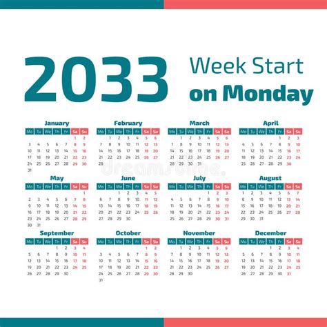 2033 Calendar With The Weeks Start On Monday Stock Vector