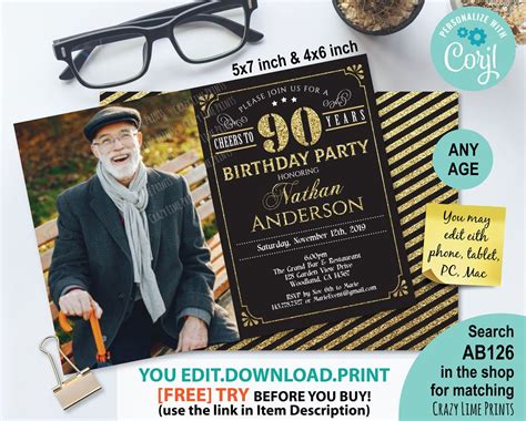 90th Birthday Invitation With Photo Editable Cheers To 90 Etsy