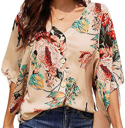 Womens Floral V Neck Blouses Button Batwing Short Sleeve Chiffon Tops Shirts Uk Clothing