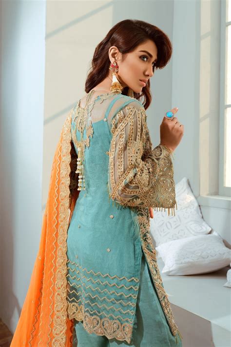 pakistani embroidered chiffon outfit in turquoise color nameera by farooq